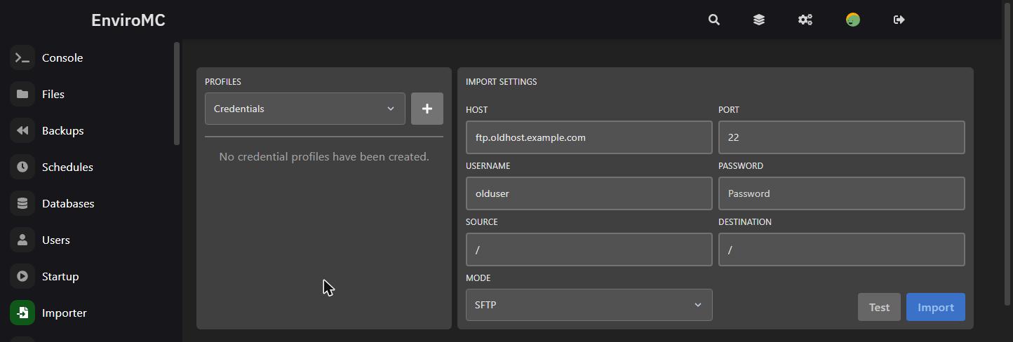 Server importer in the EnviroMC control panel